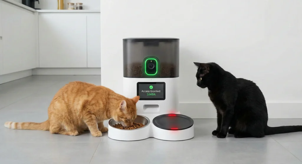 Facial recognition feeder allowing one cat to eat while denying access to another cat in a multi-cat home.