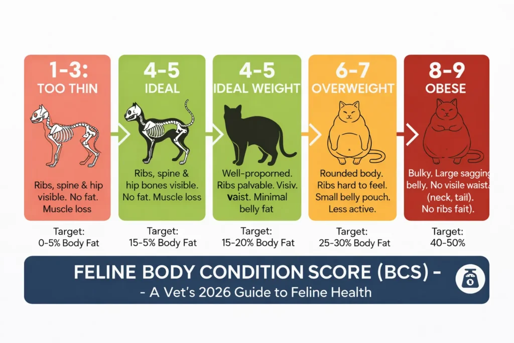Feline Body Condition Score (BCS) chart for cats from thin to obese
