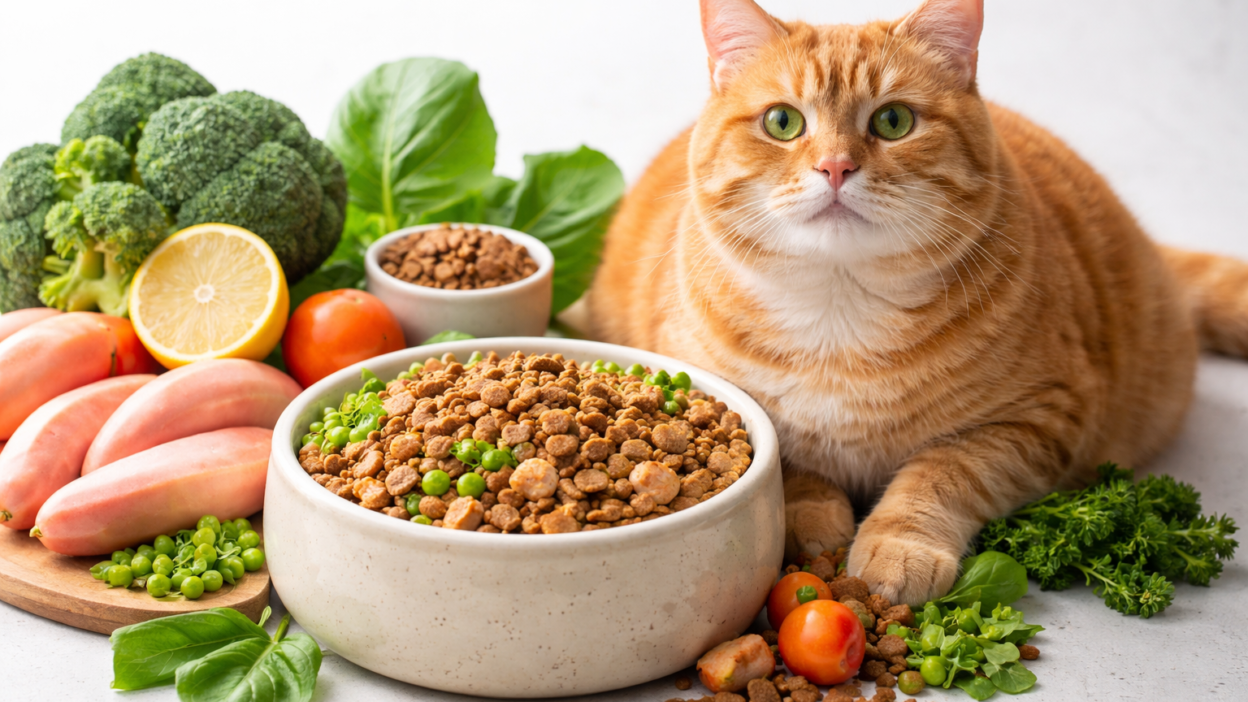 Overweight ginger cat with healthy GLP-1 friendly food bowl