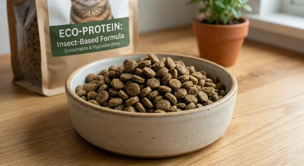 Bowl of sustainable, hypoallergenic insect protein cat food kibble with eco-friendly packaging.