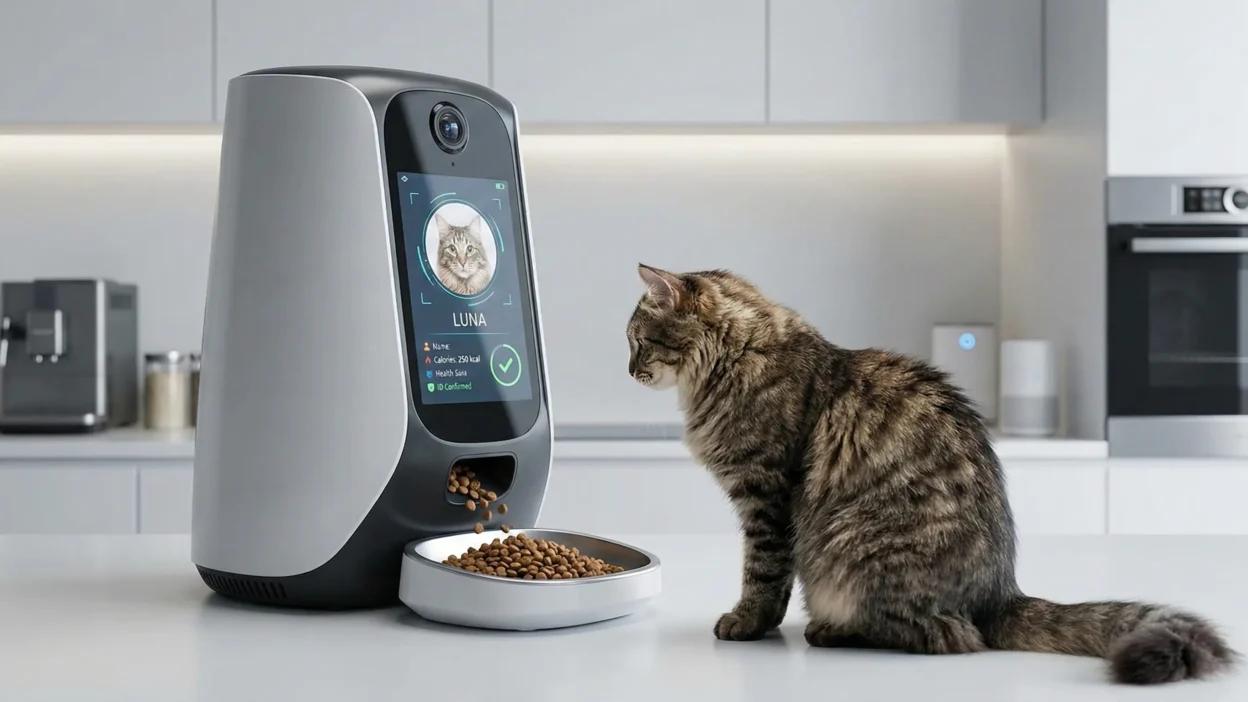Smart facial recognition cat feeder with biometric screening identifying a tabby cat