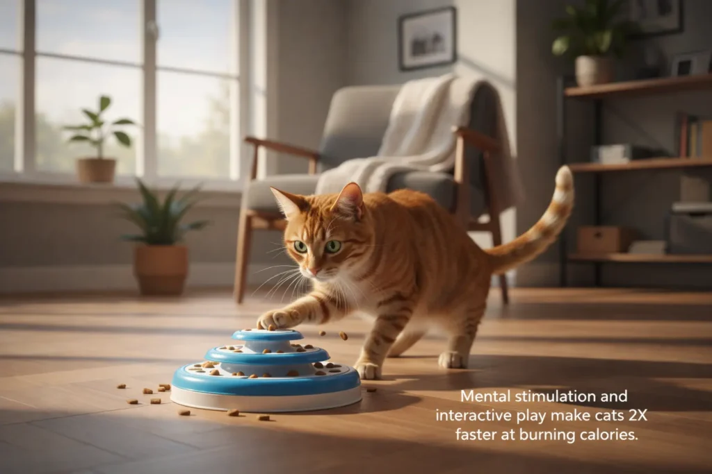 Orange ginger cat playing with blue interactive puzzle feeder toy