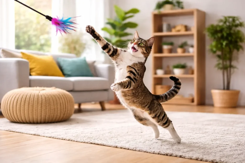 Slim and active tabby cat jumping for a feather toy, showing high energy after weight loss.