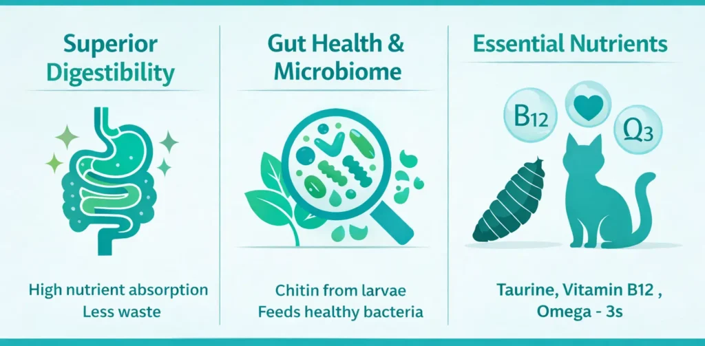 Infographic showing 3 main benefits of insect protein for cats: superior digestibility, gut health support from chitin, and essential nutrients like Taurine.