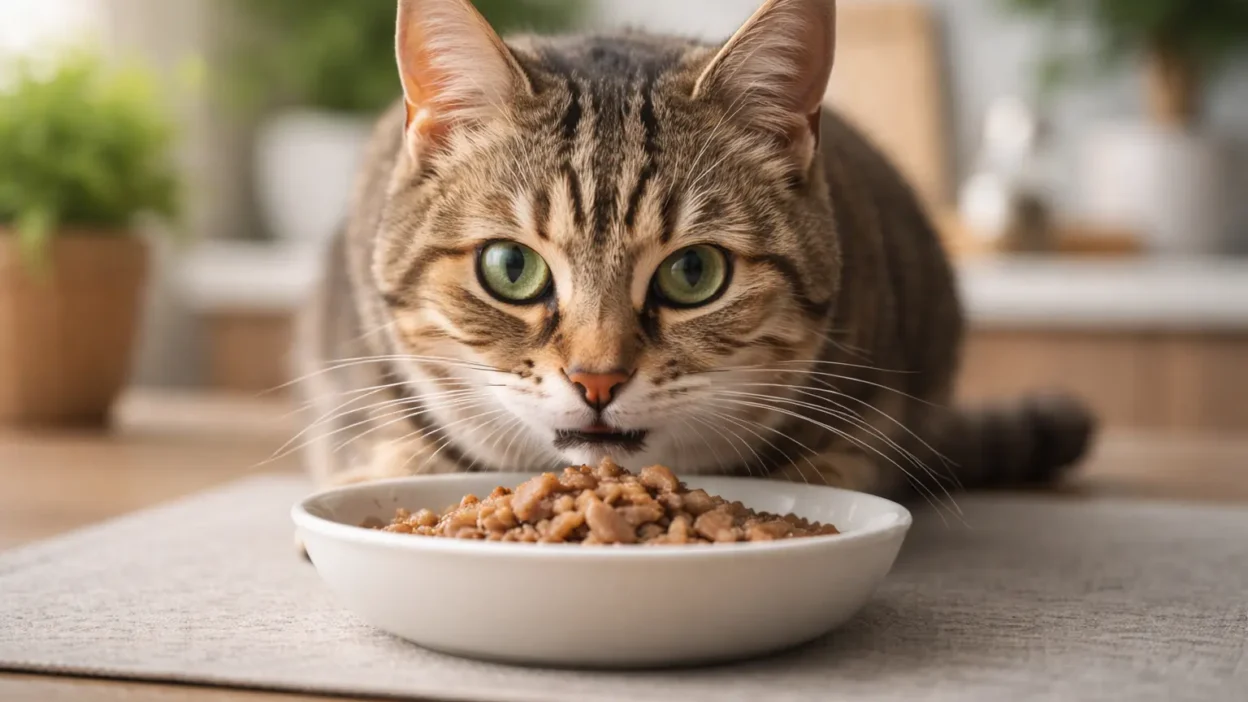 Senior tabby cat eating wet renal food for early-stage kidney disease UK