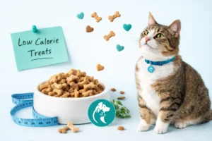 Tabby cat looking at healthy low-calorie treats with a measuring tape for weight loss.