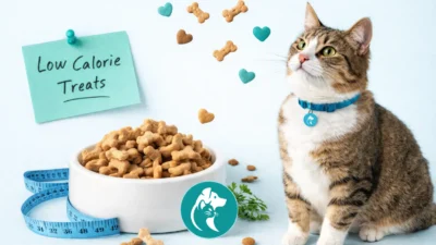 Tabby cat looking at healthy low-calorie treats with a measuring tape for weight loss.