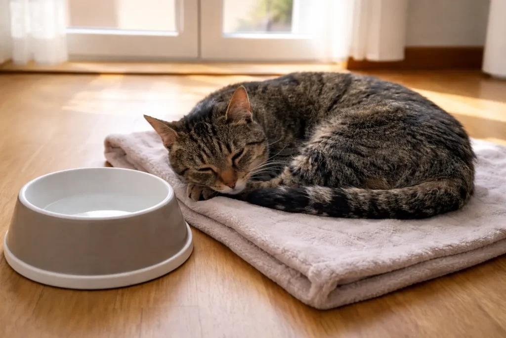Lethargic tabby cat sleeping on blanket next to water bowl, illustrating symptoms of early-stage kidney disease in cats