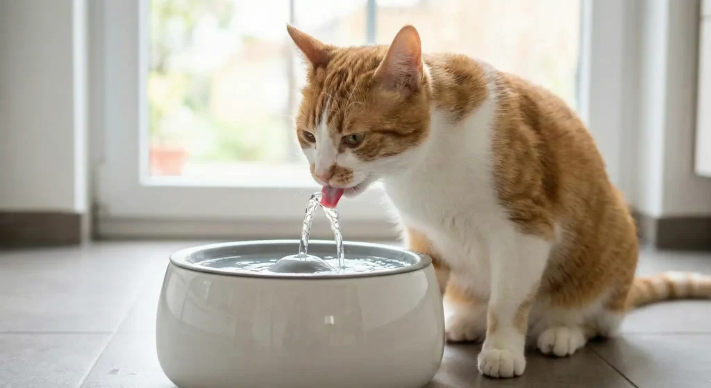 Ginger and white cat drinking fresh water from a ceramic pet fountain, illustrating hydration tips for cats with kidney disease