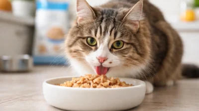 Happy tabby cat eating microbiome-friendly food for sensitive stomachs in a sunlit kitchen.