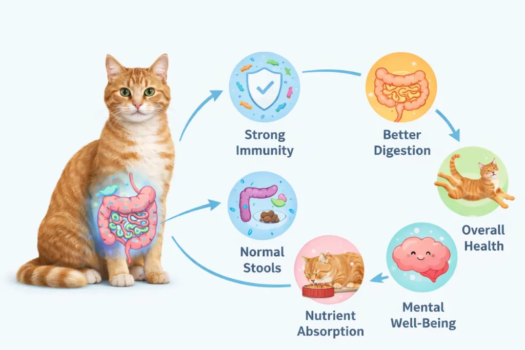 Infographic showing benefits of a healthy feline gut microbiome including immunity, digestion, and mental well-being.