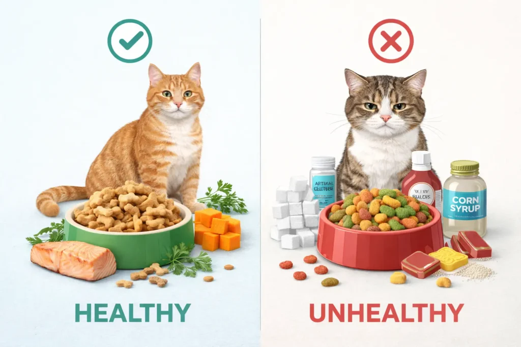 Comparison of healthy low-calorie cat treats with natural ingredients vs unhealthy treats with sugar and fillers.