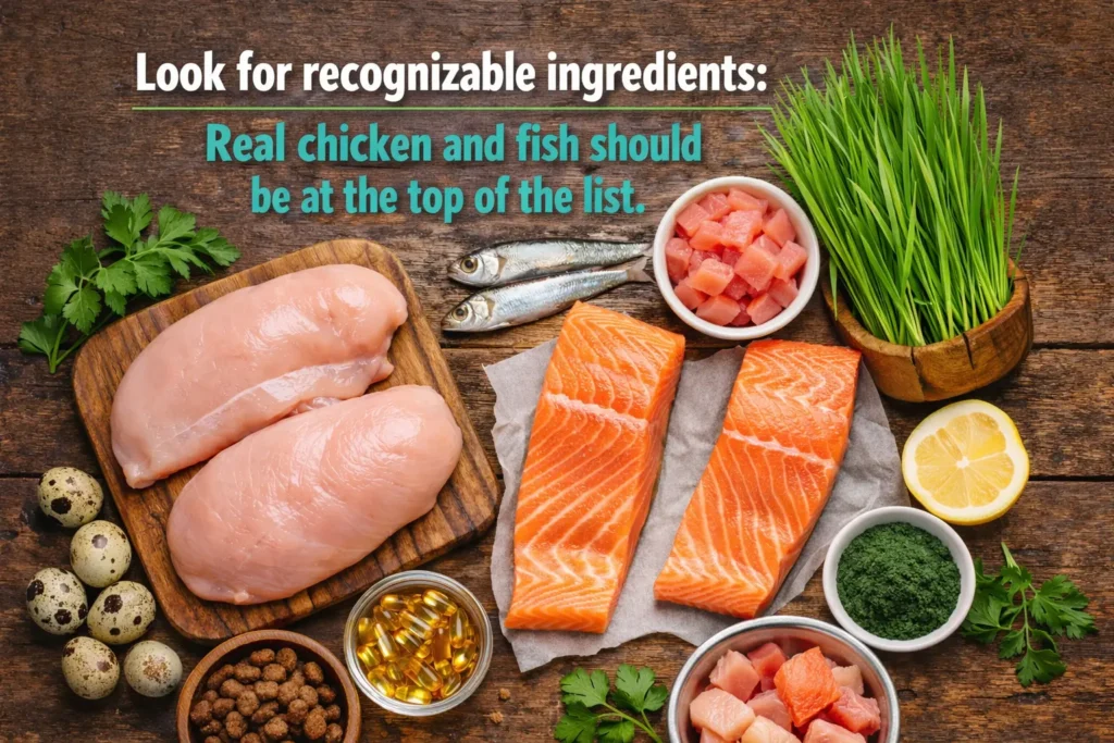 Flat lay of healthy cat treat ingredients including raw chicken, salmon, and cat grass for weight loss.